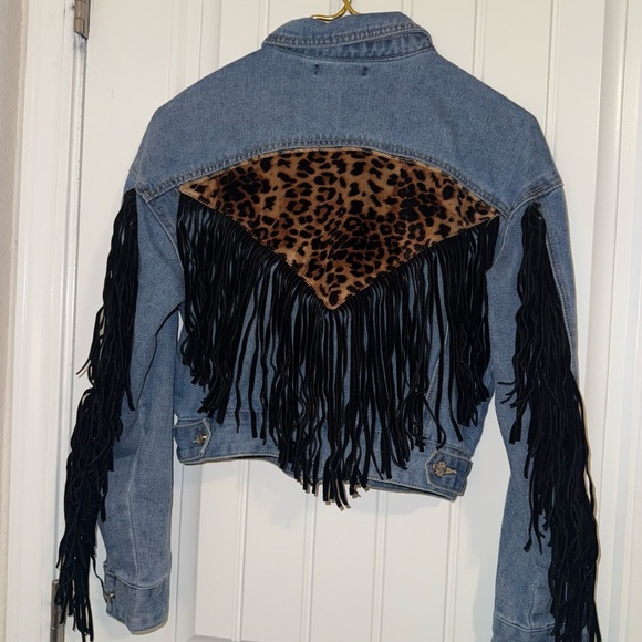 SHEIN Jean Jacket Blue and Black with Fringe and Animal Print - Picture 8 of 13